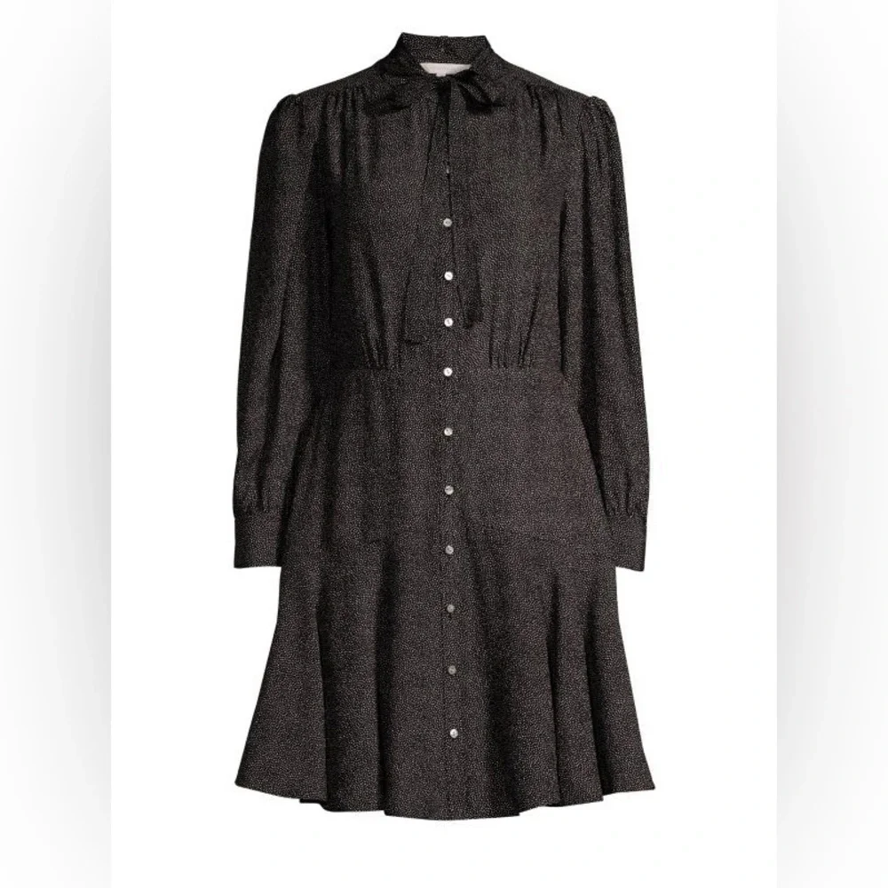 REBECCA TAYLOR Tie-Neck Button-Front Long-Sleeve Sprinkle-Dot Silk Dress - Picture 5 of 10